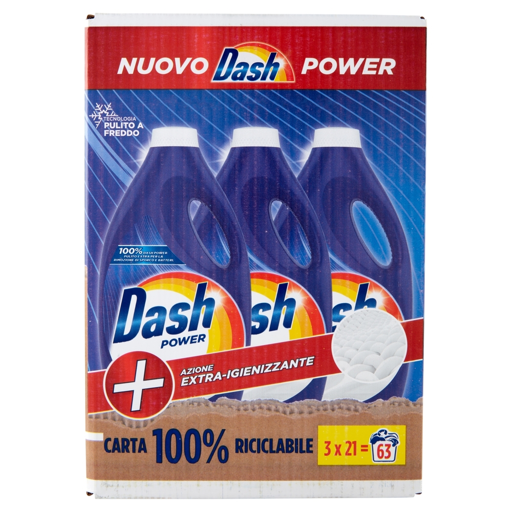 Dash Detersivo Lavatrice Liquido per Bucato Power Azione Extra Igienizzante 3x21=63 Lavaggi 3x1050ml